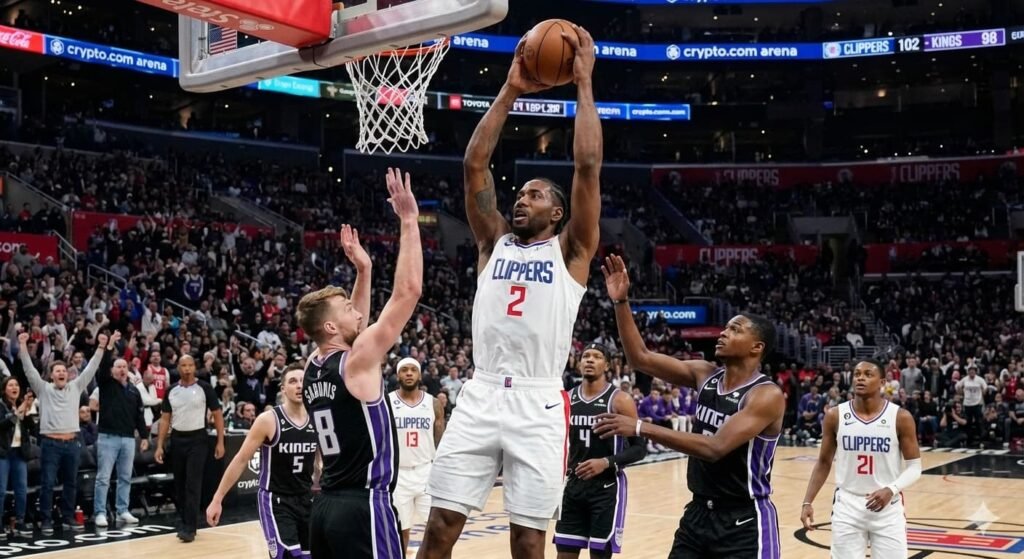 Kawhi Leonard dunking for the Los Angeles Clippers against the Kings