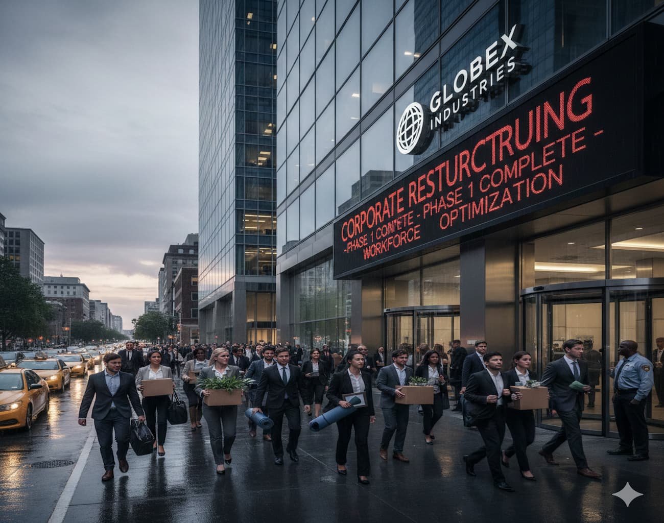 Image of office workers leaving a corporate building symbolizing large-scale workforce reductions.