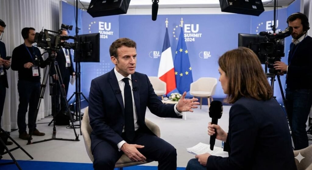French President Emmanuel Macron speaking during an interview ahead of an EU summit.