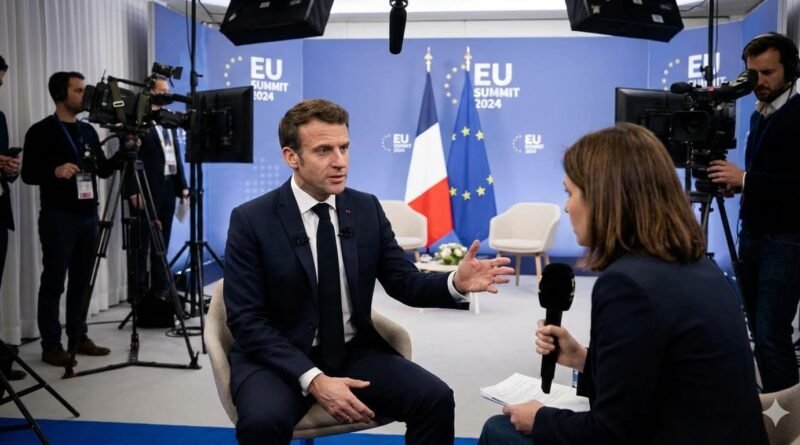 French President Emmanuel Macron speaking during an interview ahead of an EU summit.