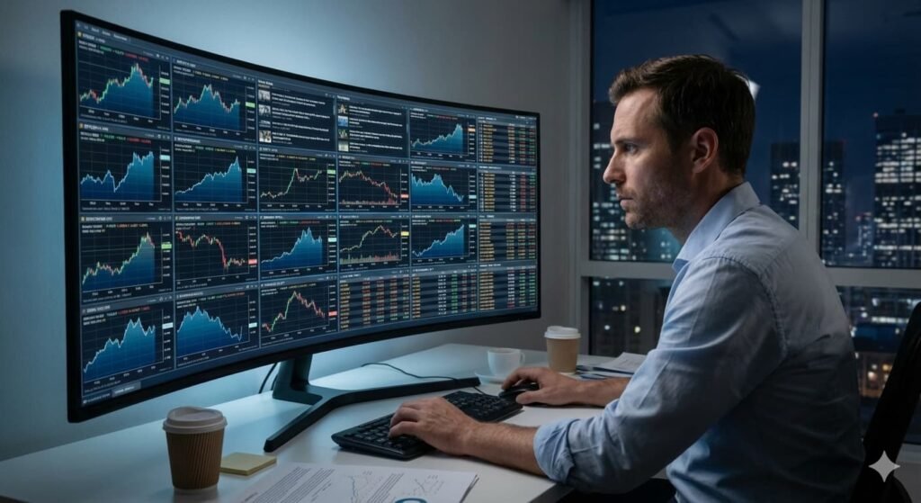 Trader monitoring multiple asset classes on a single screen.