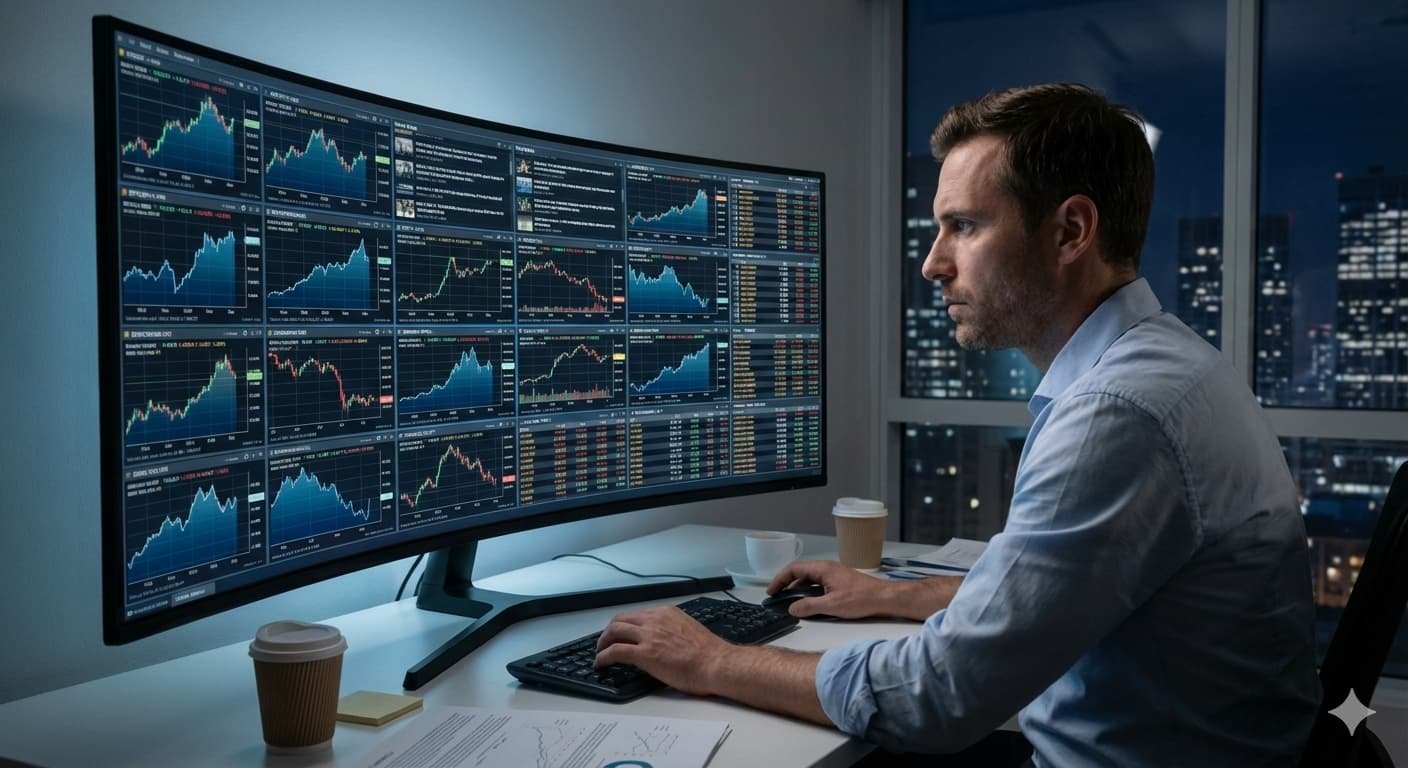 Trader monitoring multiple asset classes on a single screen.