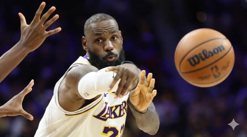 LeBron James dribbling during a Lakers home game