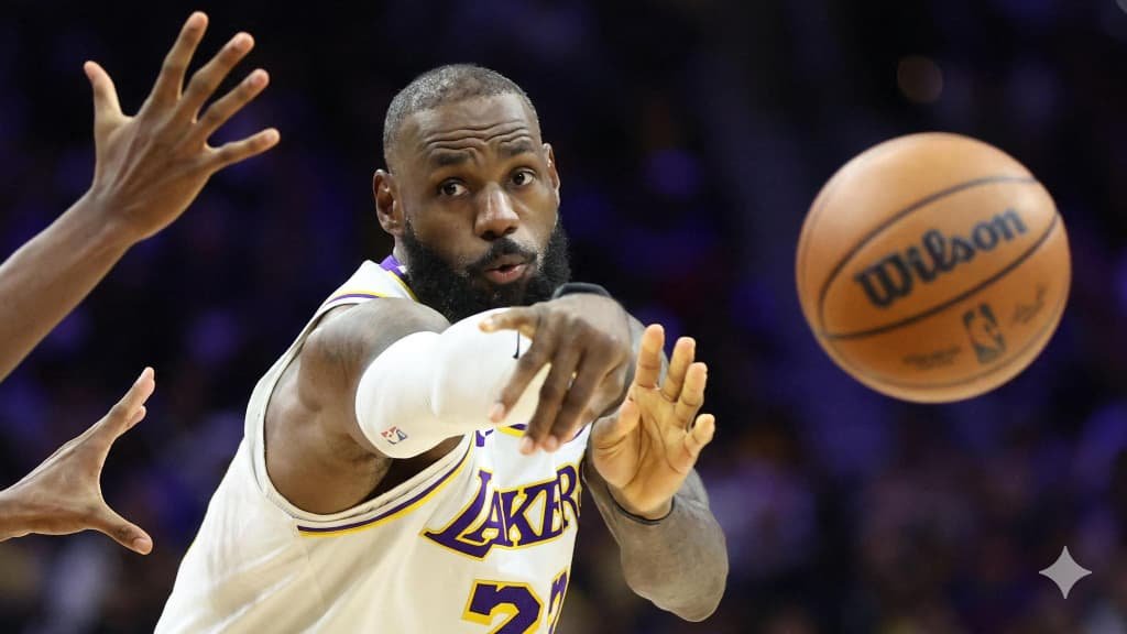 LeBron James dribbling during a Lakers home game