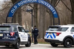 Police vehicles surrounding Old Dominion University