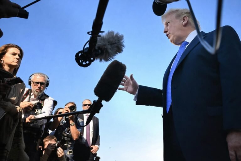 President Trump speaking to reporters at Palm Beach Airport announcing five day pause on Iran power plant strikes and peace talks March 24 2026