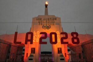 Los Angeles Memorial Coliseum Olympic cauldron lit for the 2028 Summer Games as the IOC announces mandatory SRY gene testing for all female athletes competing in women's events starting in Los Angeles