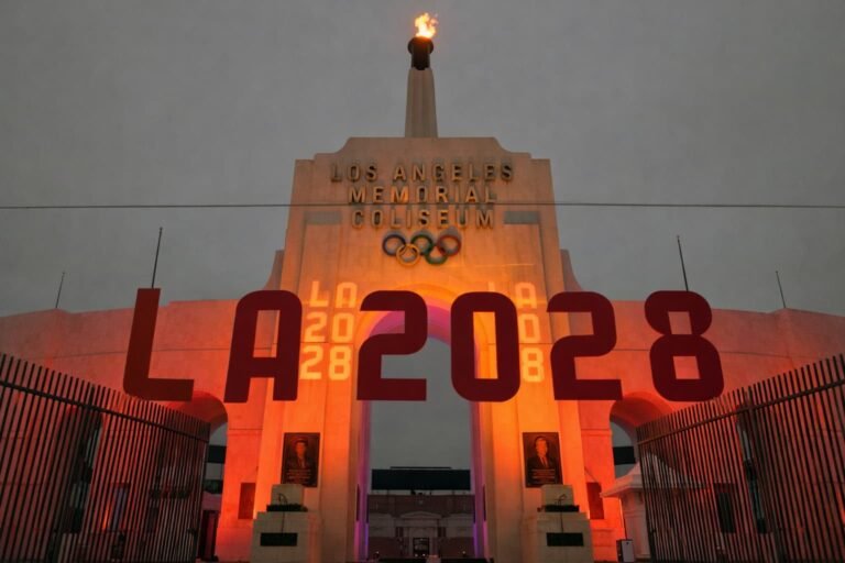 Los Angeles Memorial Coliseum Olympic cauldron lit for the 2028 Summer Games as the IOC announces mandatory SRY gene testing for all female athletes competing in women's events starting in Los Angeles