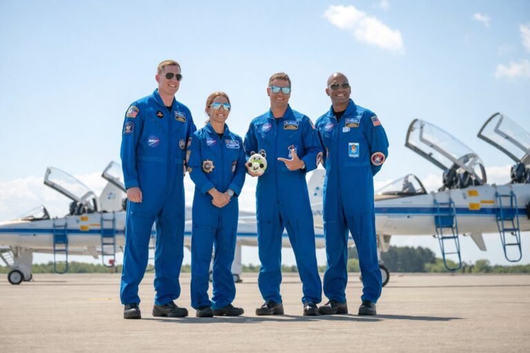 NASA Artemis II crew members Reid Wiseman Victor Glover Christina Koch and Jeremy Hansen arriving at Kennedy Space Center in Florida on March 28 2026 ahead of their April 1 launch to the Moon