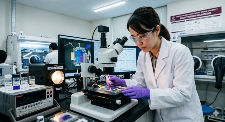 Kyushu University researcher examining Singlet Fission solar cell technology that achieved 130 percent quantum yield breaking the 65 year Shockley-Queisser theoretical efficiency limit in March 2026
