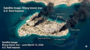 Satellite image of Iran's Kharg Island showing thick smoke rising after U.S. military bombing raids on March 13 2026