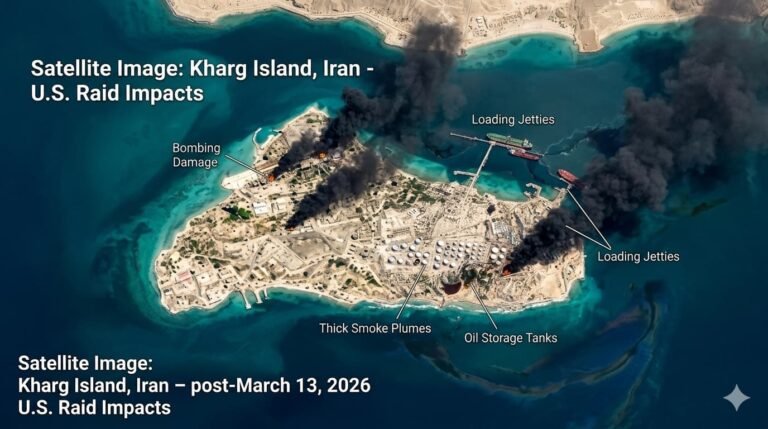 Satellite image of Iran's Kharg Island showing thick smoke rising after U.S. military bombing raids on March 13 2026