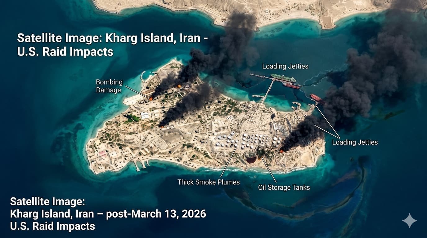 Satellite image of Iran's Kharg Island showing thick smoke rising after U.S. military bombing raids on March 13 2026