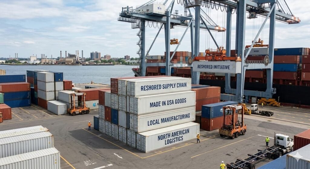 Cargo containers at a North American shipping port representing reshored supply chains