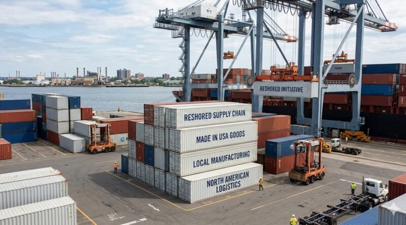 Cargo containers at a North American shipping port representing reshored supply chains