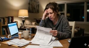 Stressed American patient reviewing a large hospital bill at home
