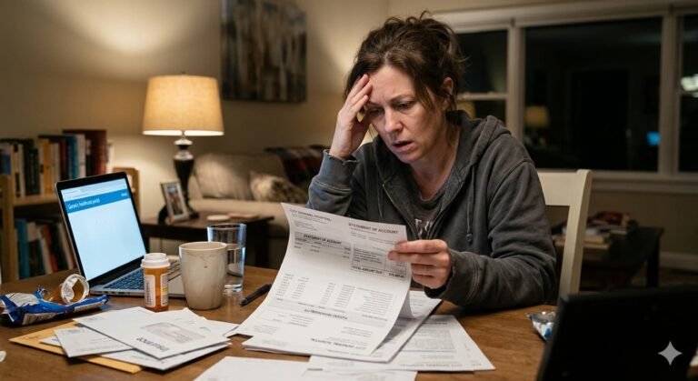 Stressed American patient reviewing a large hospital bill at home