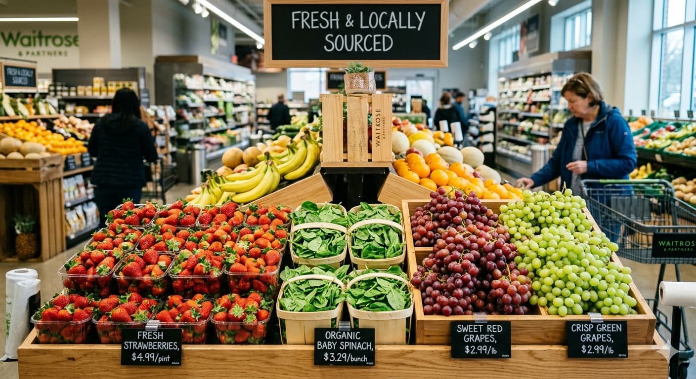 Fresh strawberries spinach and grapes displayed at a grocery store.