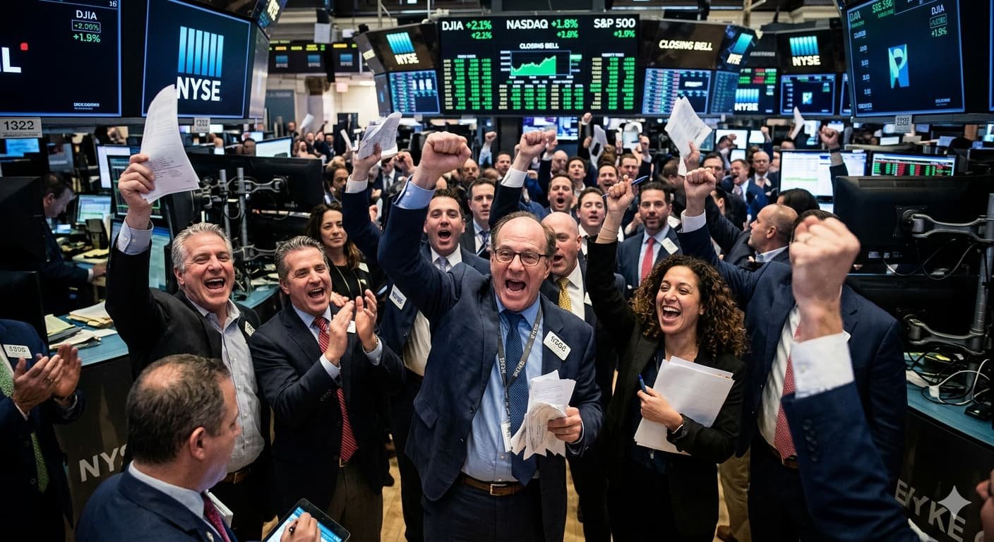 Wall Street traders cheering as the Dow Jones surges 600 points