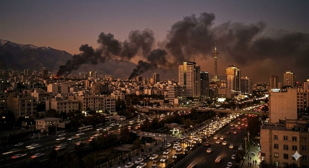 Smoke rising over Tehran after airstrikes during the Iran-Israel conflict.