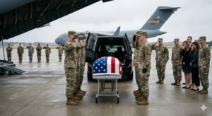 U.S. Army carry team saluting the remains of an American soldier killed in the Iran war