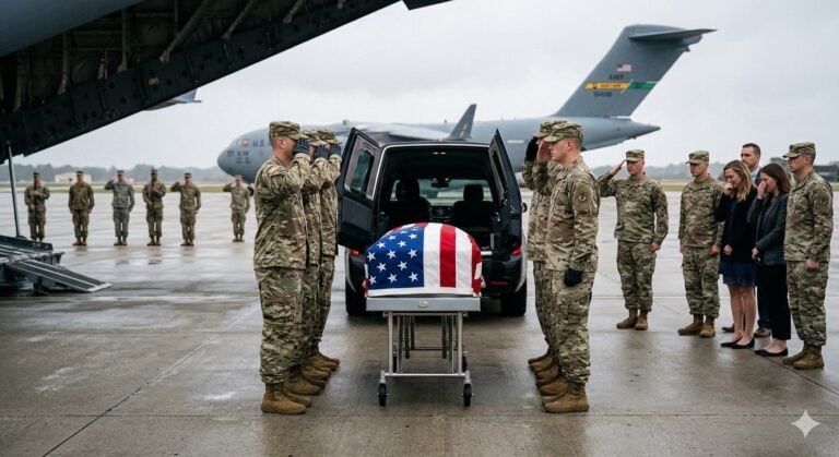 U.S. Army carry team saluting the remains of an American soldier killed in the Iran war
