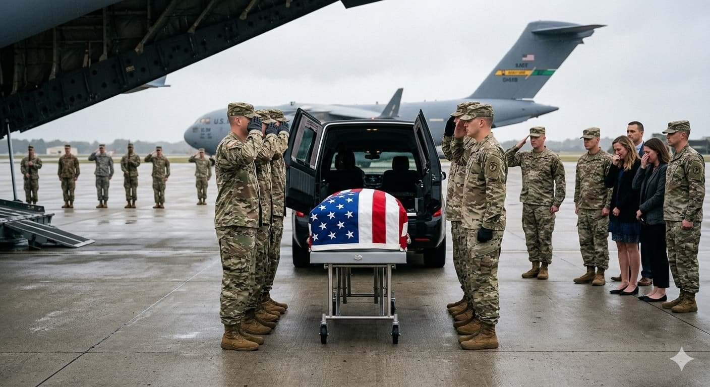 U.S. Army carry team saluting the remains of an American soldier killed in the Iran war