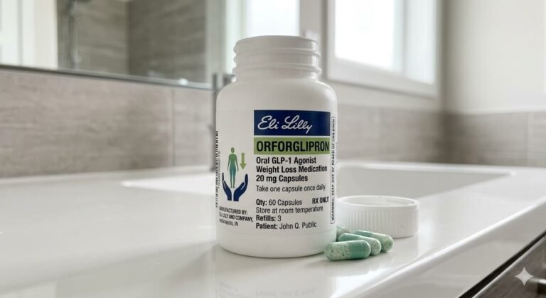 Eli Lilly orforglipron oral GLP-1 weight loss pill bottle.