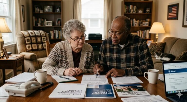 Senior American couple reviewing Social Security benefit statement and retirement planning documents at home