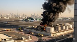 Thick black smoke rising near Dubai International Airport after an Iranian drone strike hit a fuel storage tank