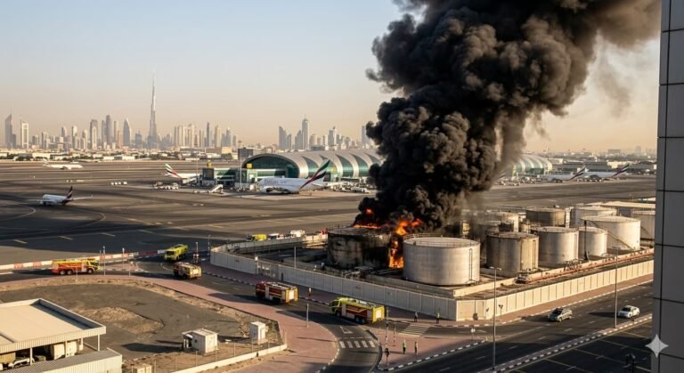 Thick black smoke rising near Dubai International Airport after an Iranian drone strike hit a fuel storage tank