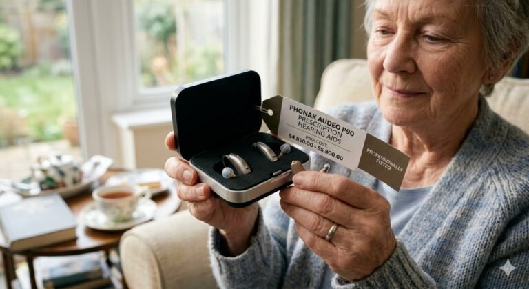 Elderly woman holding prescription hearing aids costing $4000 to $6000 that Original Medicare does not cover leaving millions of American seniors to pay the full cost out of pocket in 2026