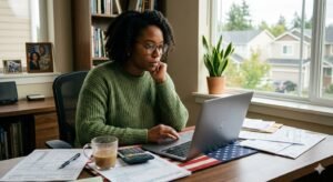 American taxpayer reviewing Schedule 1-A form on a laptop to claim the four new One Big Beautiful Bill deductions for tips overtime car loan interest and senior bonus before the April 15 2026 Tax Day deadline