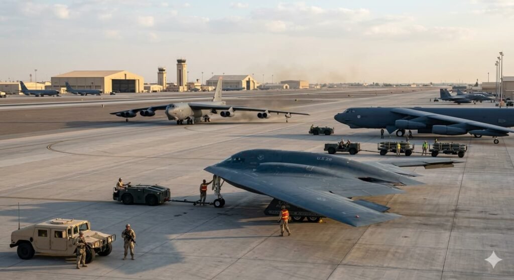 U.S. Air Force bombers on a runway preparing for strikes against Iran