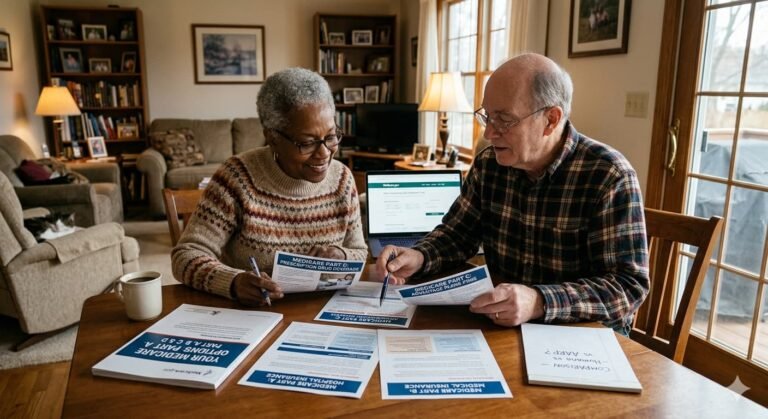 Senior American couple reviewing Medicare Part A B C and D plan options at home in 2026