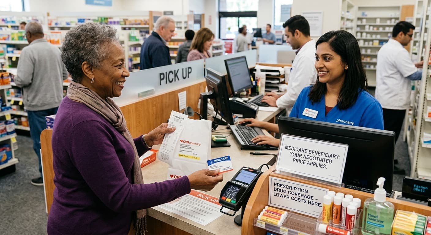 Medicare beneficiary picking up negotiated price prescription drugs at pharmacy counter