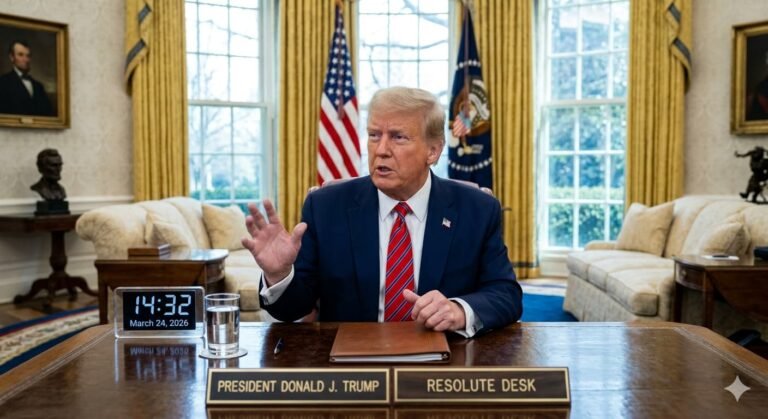 President Trump speaking in the Oval Office on March 24 2026 confirming that Vice President JD Vance and Secretary of State Marco Rubio are leading negotiations with Iran to end the 25-day war
