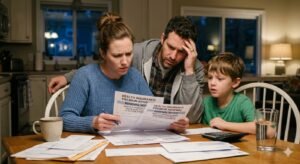 American family reviewing higher health insurance premium bills.