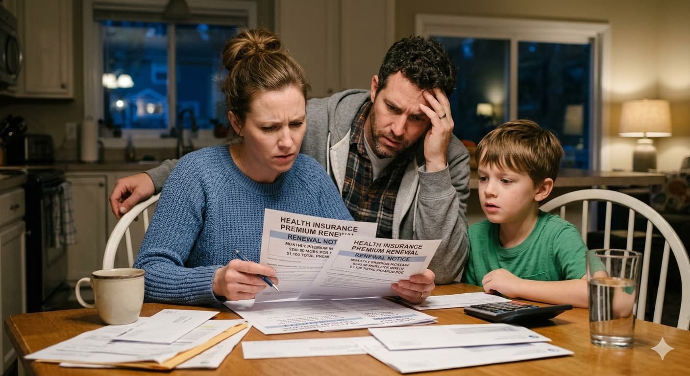 American family reviewing higher health insurance premium bills.