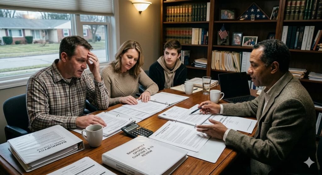 American family reviewing bankruptcy filing documents with an attorney to understand Chapter 7 and Chapter 13 options