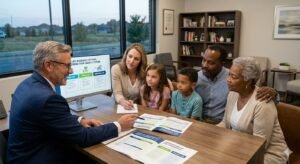 American family sitting with a financial advisor reviewing term whole and universal life insurance policy options