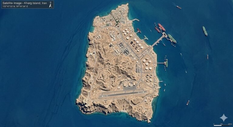 Satellite image of Iran's Kharg Island showing military fortifications and oil terminal infrastructure as U.S. officials confirm the Pentagon has war-gamed a Marine amphibious assault to seize the island amid ongoing U.S. Iran war negotiations and April 6 deadline