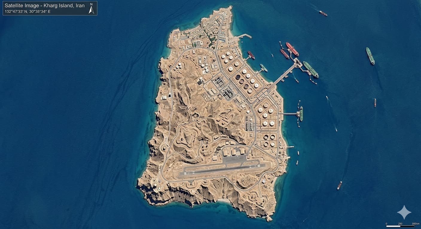 Satellite image of Iran's Kharg Island showing military fortifications and oil terminal infrastructure as U.S. officials confirm the Pentagon has war-gamed a Marine amphibious assault to seize the island amid ongoing U.S. Iran war negotiations and April 6 deadline
