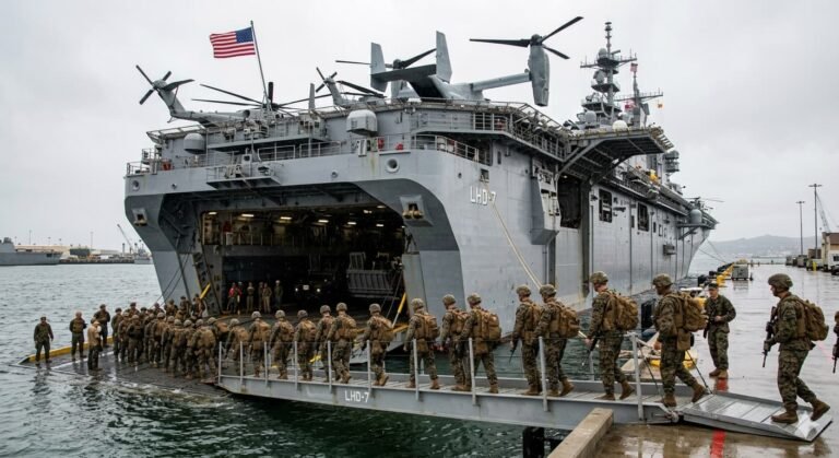 U.S. Marines boarding amphibious assault ships