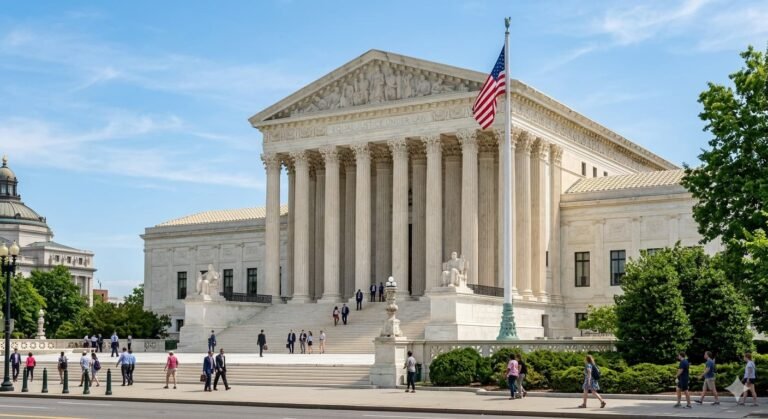 The U.S. Supreme Court building in Washington D.C. where justices will hear oral arguments Tuesday on Trump's executive order ending automatic birthright citizenship under the 14th Amendment for children of undocumented immigrants