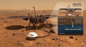 NASA InSight lander on the Martian surface collecting seismic data that led to the discovery of hidden liquid water 10 to 20 kilometers beneath Mars