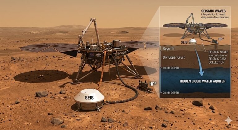 NASA InSight lander on the Martian surface collecting seismic data that led to the discovery of hidden liquid water 10 to 20 kilometers beneath Mars