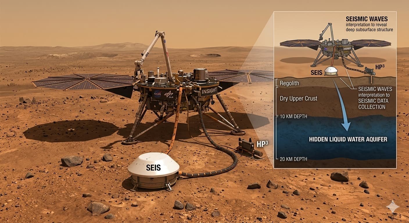 NASA InSight lander on the Martian surface collecting seismic data that led to the discovery of hidden liquid water 10 to 20 kilometers beneath Mars