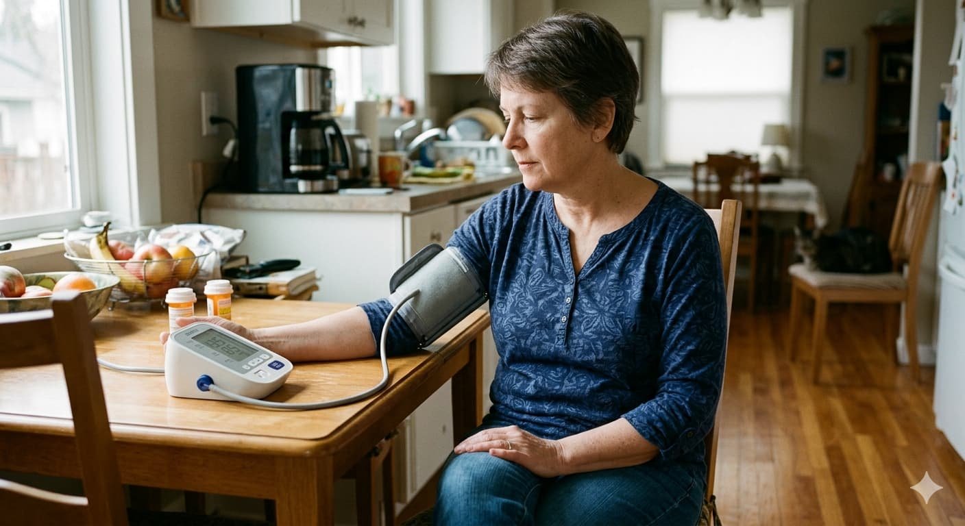 American adult measuring blood pressure at home with a digital blood pressure monitor as nearly half of all U.S. adults have hypertension and lifestyle changes can lower readings by up to 14 points without medication