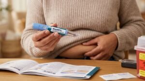 Patient holding Ozempic semaglutide injection pen considering stopping GLP-1 weight loss drug